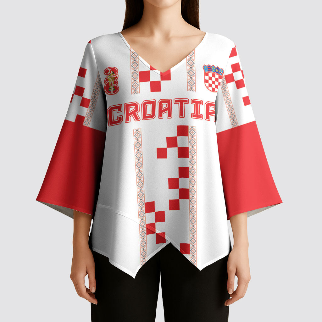 Custom Croatia Football 2026 Kimono Sleeve Blouse Hrvatska Vatreni Checkerboard Style
