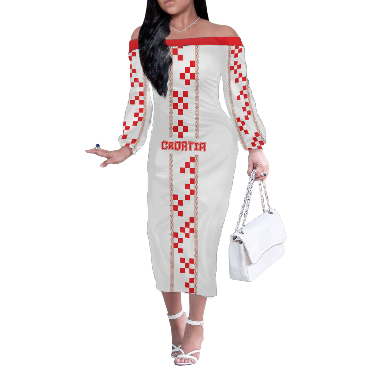 Custom Croatia Football 2026 Off The Shoulder Long Sleeve Dress Hrvatska Vatreni Checkerboard Style