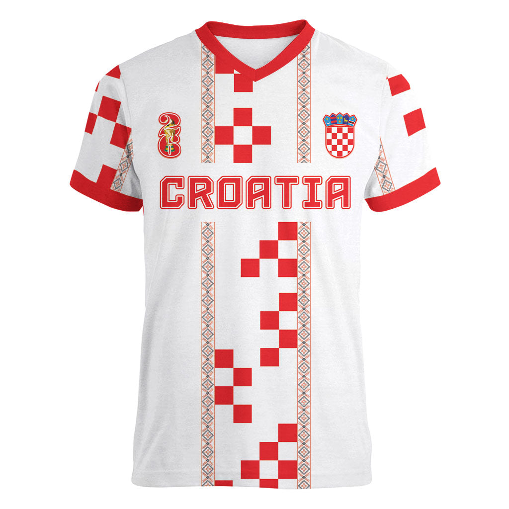 Custom Croatia Football 2026 Women V-Neck T-Shirt Hrvatska Vatreni Checkerboard Style