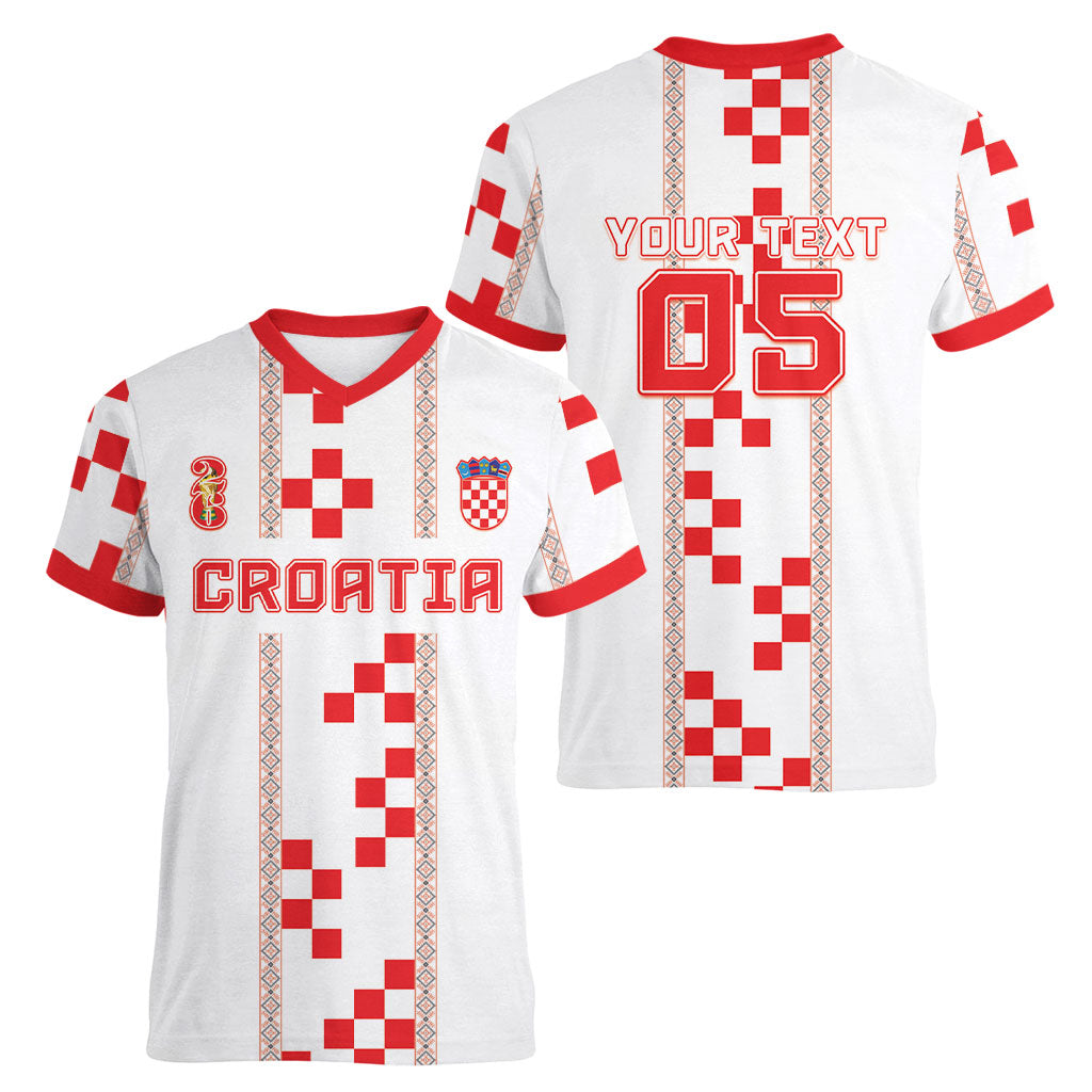 Custom Croatia Football 2026 Women V-Neck T-Shirt Hrvatska Vatreni Checkerboard Style