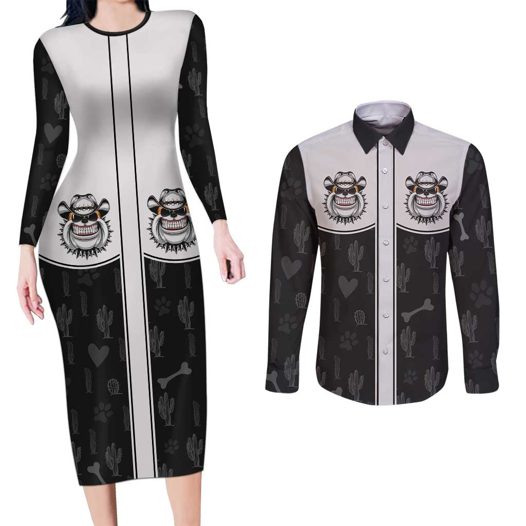 Cowdog Couples Matching Long Sleeve Bodycon Dress and Long Sleeve Button Shirt Cowboy Bulldog Retro Western Yoke - Wonder Print Shop