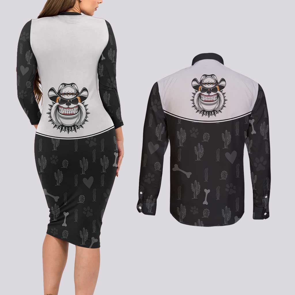 Cowdog Couples Matching Long Sleeve Bodycon Dress and Long Sleeve Button Shirt Cowboy Bulldog Retro Western Yoke - Wonder Print Shop