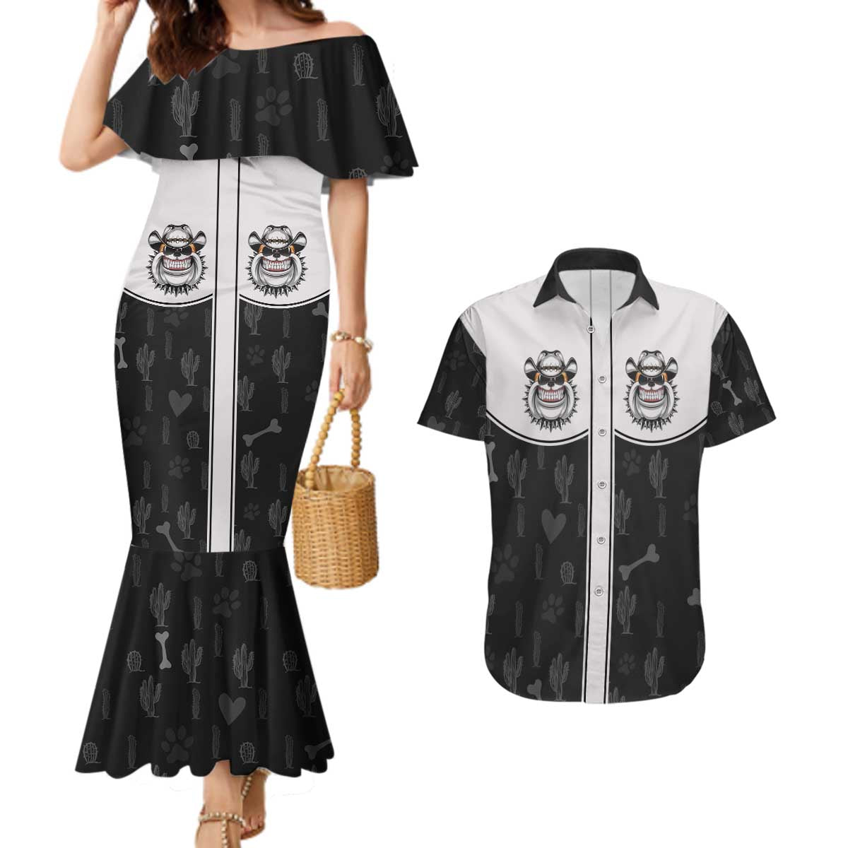Cowdog Couples Matching Mermaid Dress and Hawaiian Shirt Cowboy Bulldog Retro Western Yoke - Wonder Print Shop