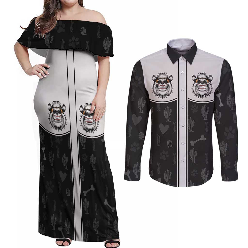 Cowdog Couples Matching Off Shoulder Maxi Dress and Long Sleeve Button Shirt Cowboy Bulldog Retro Western Yoke - Wonder Print Shop