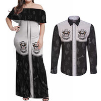 Cowdog Couples Matching Off Shoulder Maxi Dress and Long Sleeve Button Shirt Cowboy Bulldog Retro Western Yoke - Wonder Print Shop