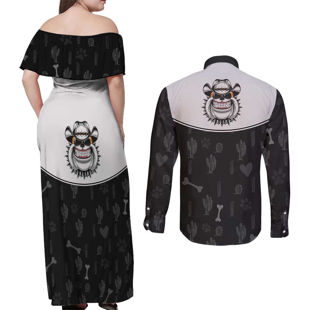 Cowdog Couples Matching Off Shoulder Maxi Dress and Long Sleeve Button Shirt Cowboy Bulldog Retro Western Yoke - Wonder Print Shop