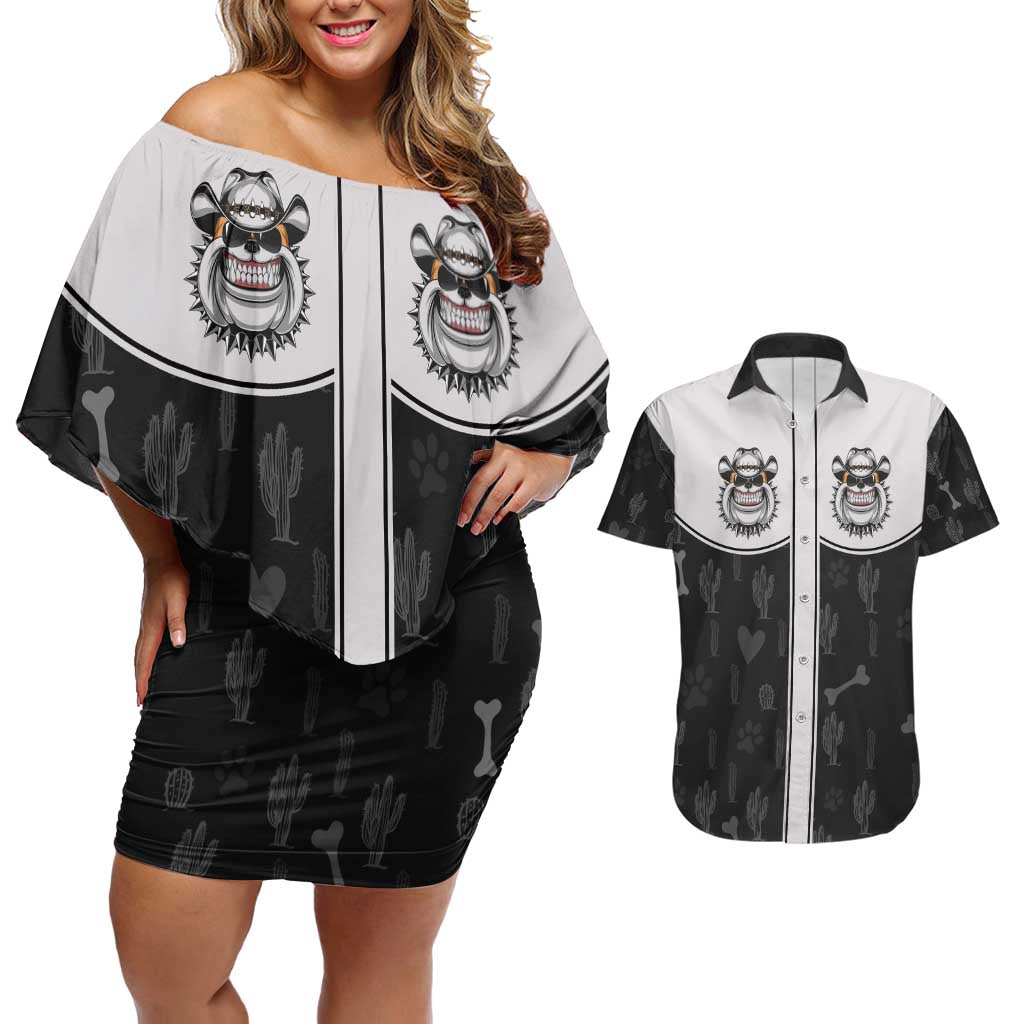 Cowdog Couples Matching Off Shoulder Short Dress and Hawaiian Shirt Cowboy Bulldog Retro Western Yoke - Wonder Print Shop