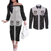 Cowdog Couples Matching Off The Shoulder Long Sleeve Dress and Long Sleeve Button Shirt Cowboy Bulldog Retro Western Yoke - Wonder Print Shop