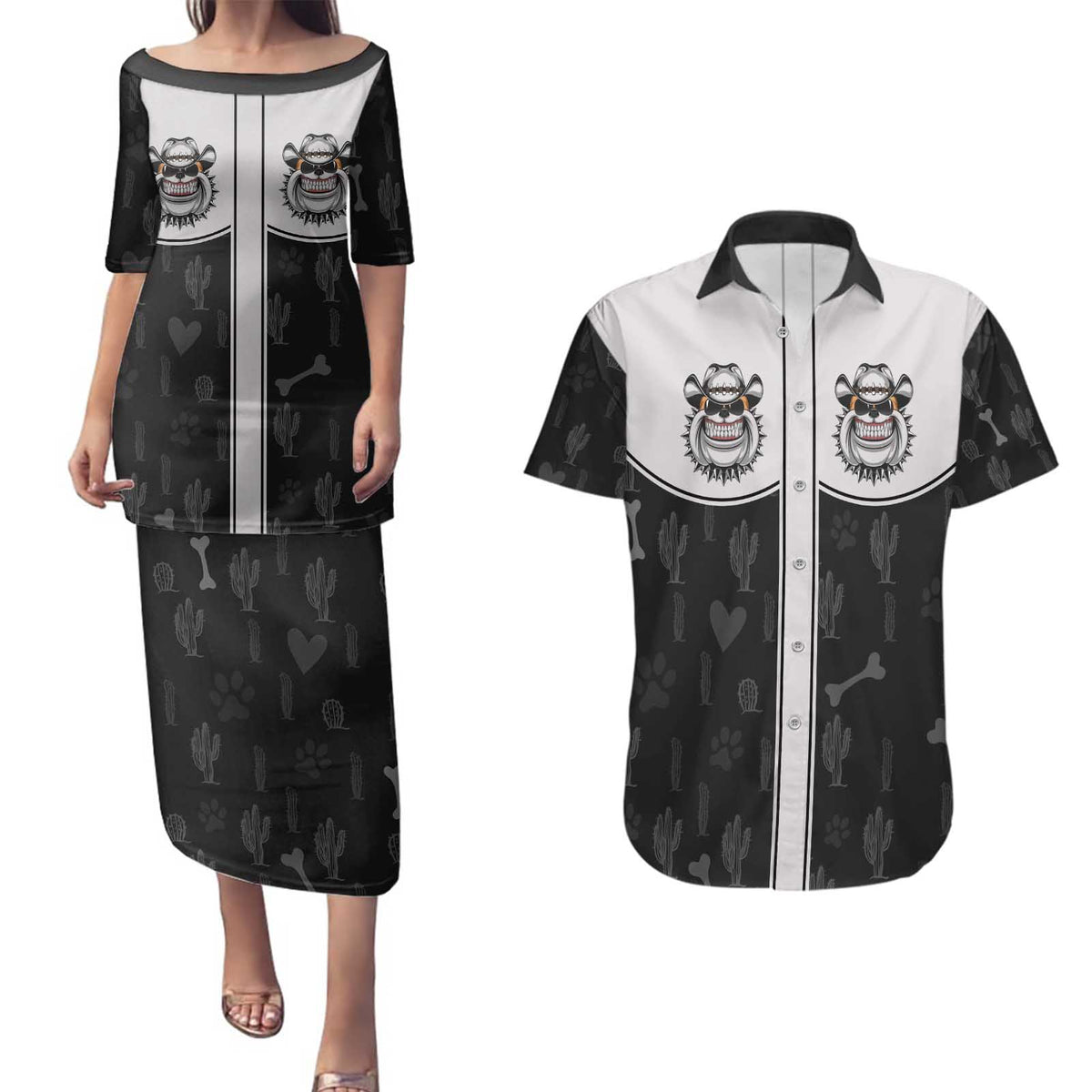 Cowdog Couples Matching Puletasi and Hawaiian Shirt Cowboy Bulldog Retro Western Yoke - Wonder Print Shop