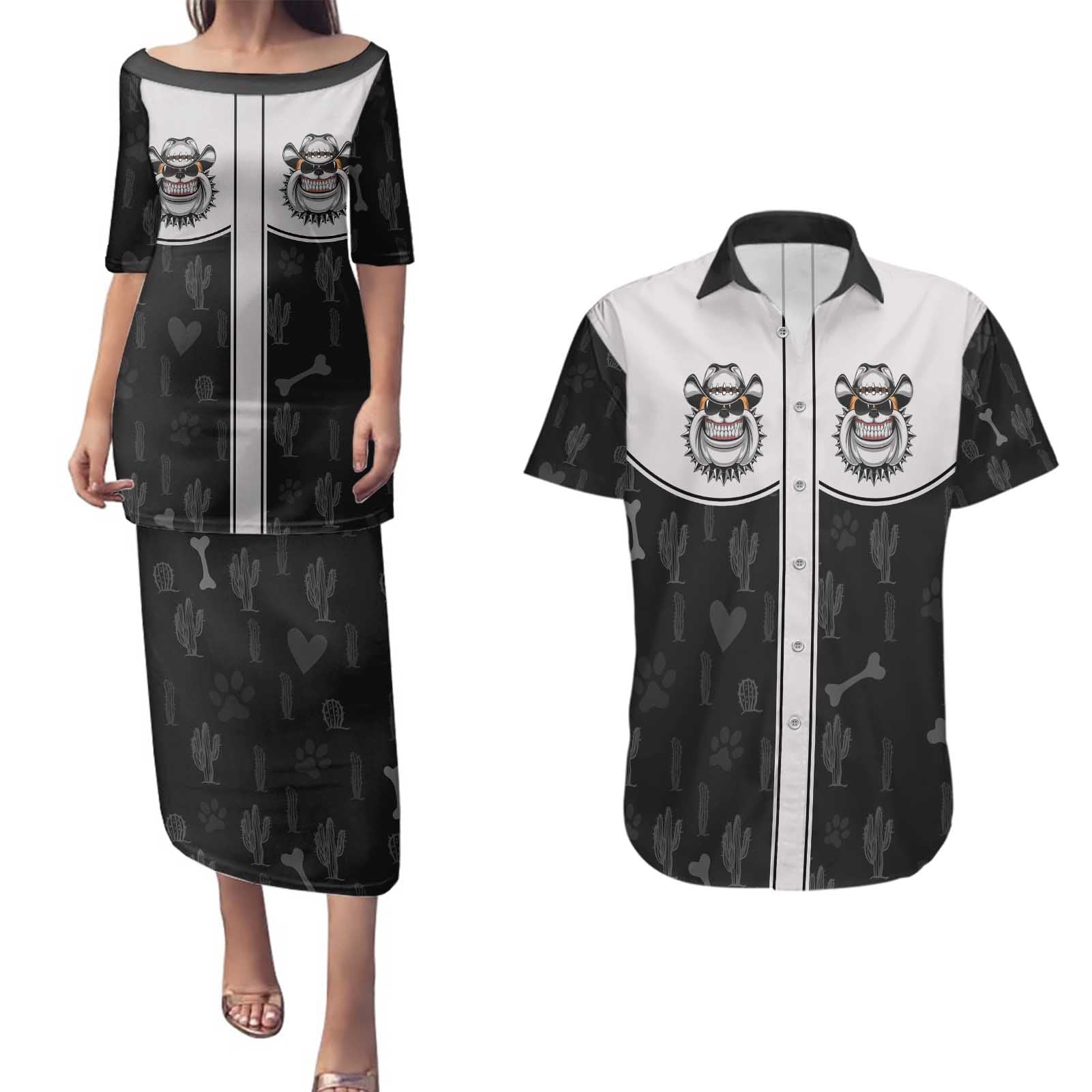 Cowdog Couples Matching Puletasi and Hawaiian Shirt Cowboy Bulldog Retro Western Yoke - Wonder Print Shop