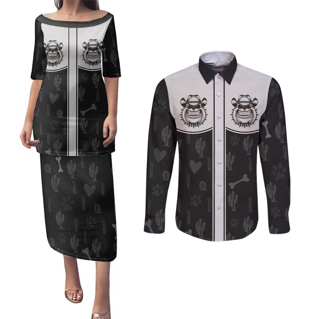 Cowdog Couples Matching Puletasi and Long Sleeve Button Shirt Cowboy Bulldog Retro Western Yoke - Wonder Print Shop
