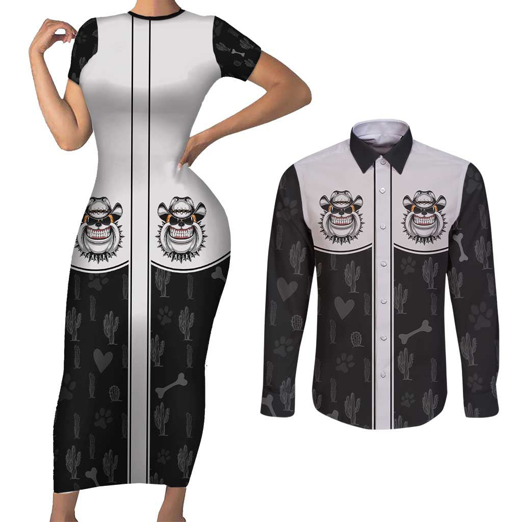 Cowdog Couples Matching Short Sleeve Bodycon Dress and Long Sleeve Button Shirt Cowboy Bulldog Retro Western Yoke - Wonder Print Shop