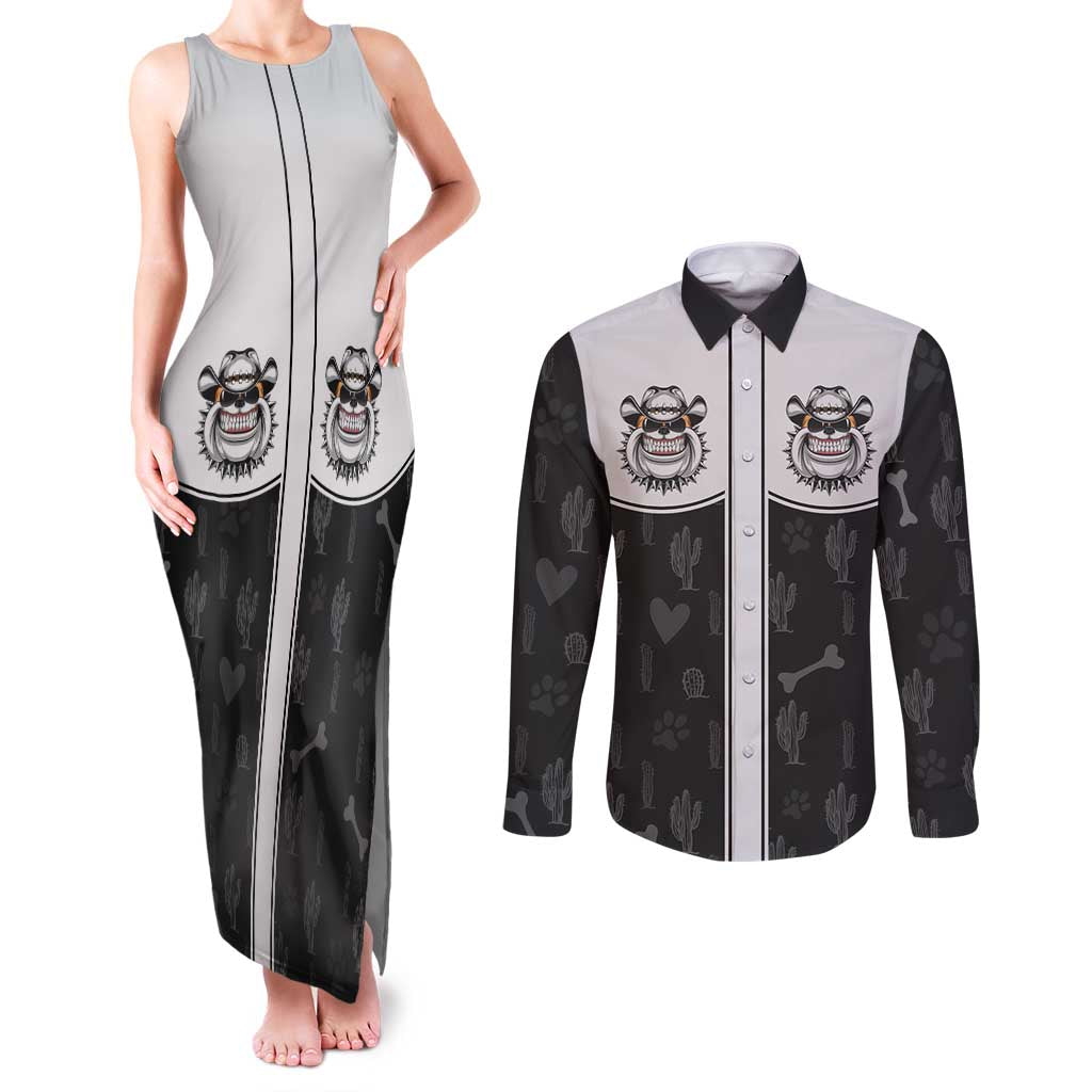 Cowdog Couples Matching Tank Maxi Dress and Long Sleeve Button Shirt Cowboy Bulldog Retro Western Yoke - Wonder Print Shop