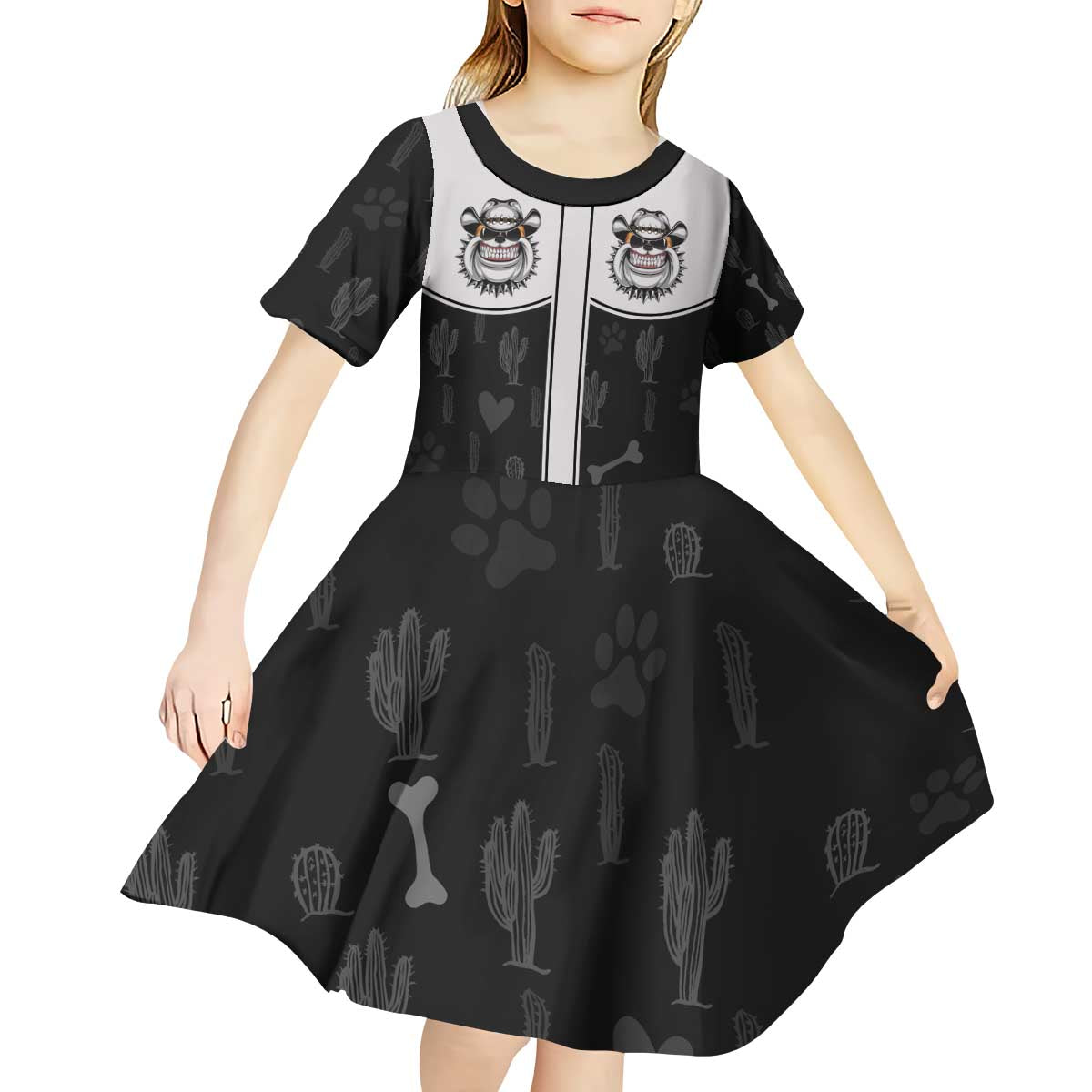 Cowdog Kid Short Sleeve Dress Cowboy Bulldog Retro Western Yoke - Wonder Print Shop