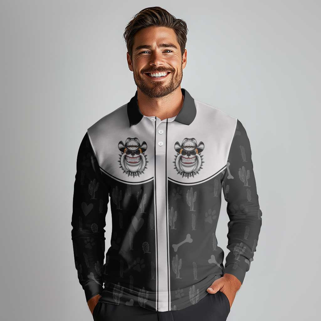 Cowdog Long Sleeve Polo Shirt Cowboy Bulldog Retro Western Yoke - Wonder Print Shop