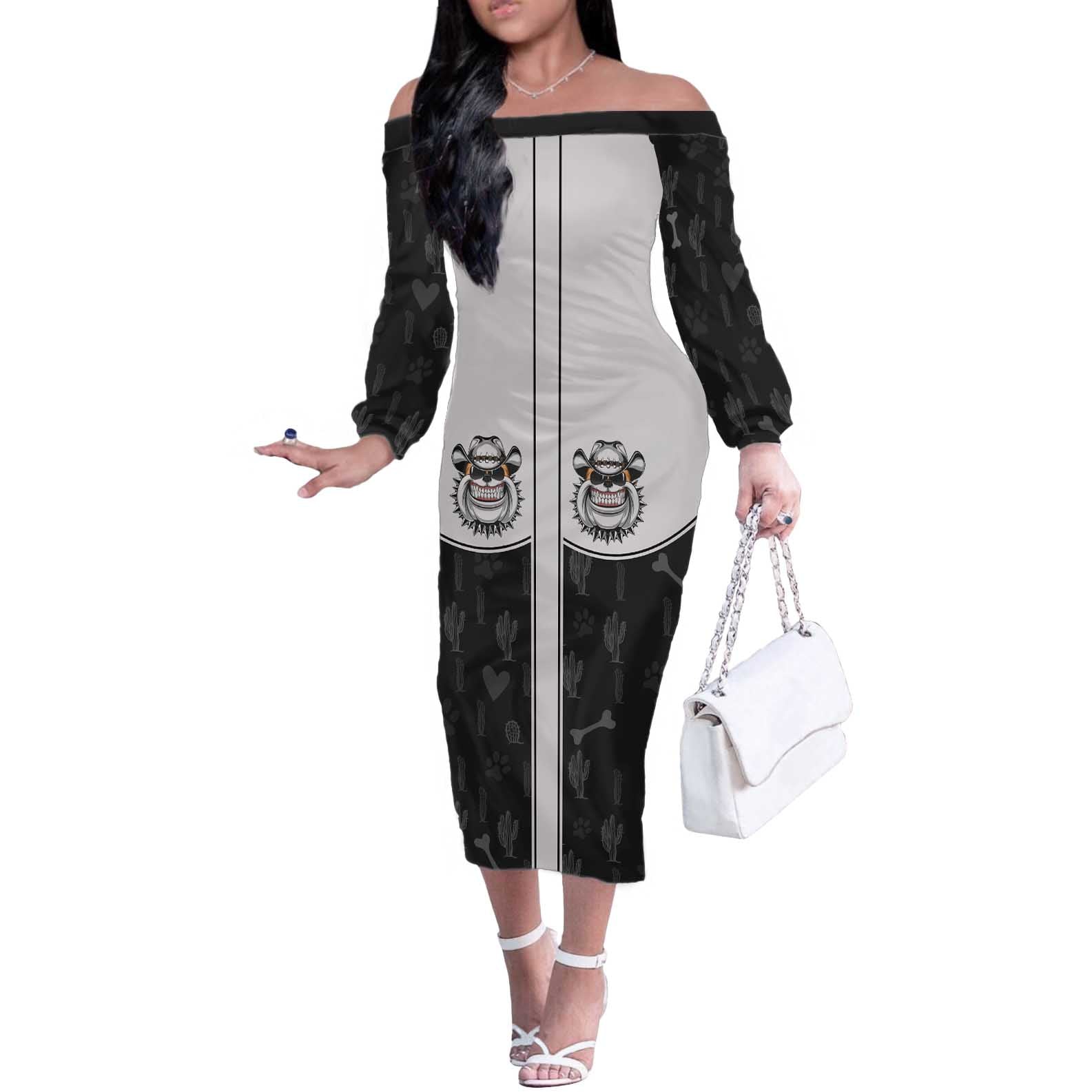 Cowdog Off The Shoulder Long Sleeve Dress Cowboy Bulldog Retro Western Yoke - Wonder Print Shop