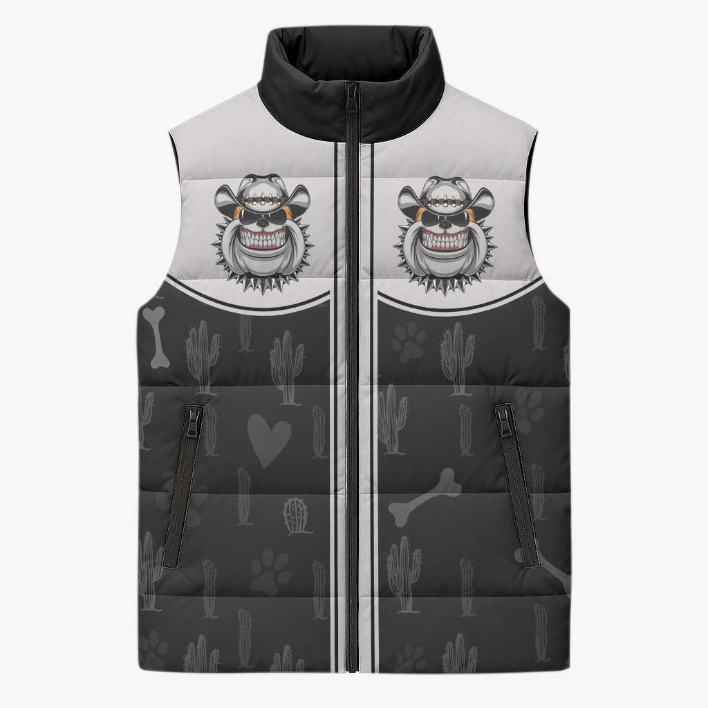 Cowdog Sleeveless Puffer Jacket Cowboy Bulldog Retro Western Yoke - Wonder Print Shop