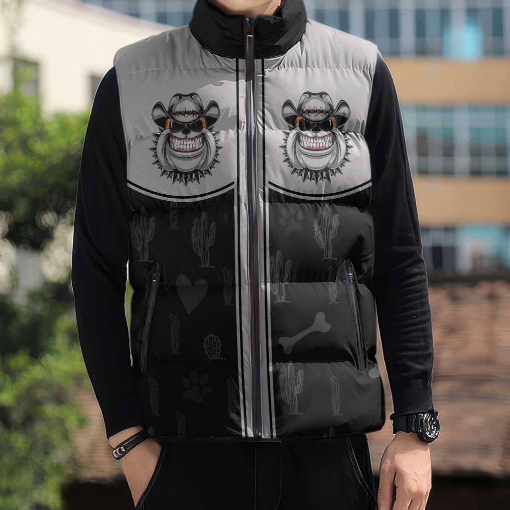 Cowdog Sleeveless Puffer Jacket Cowboy Bulldog Retro Western Yoke - Wonder Print Shop