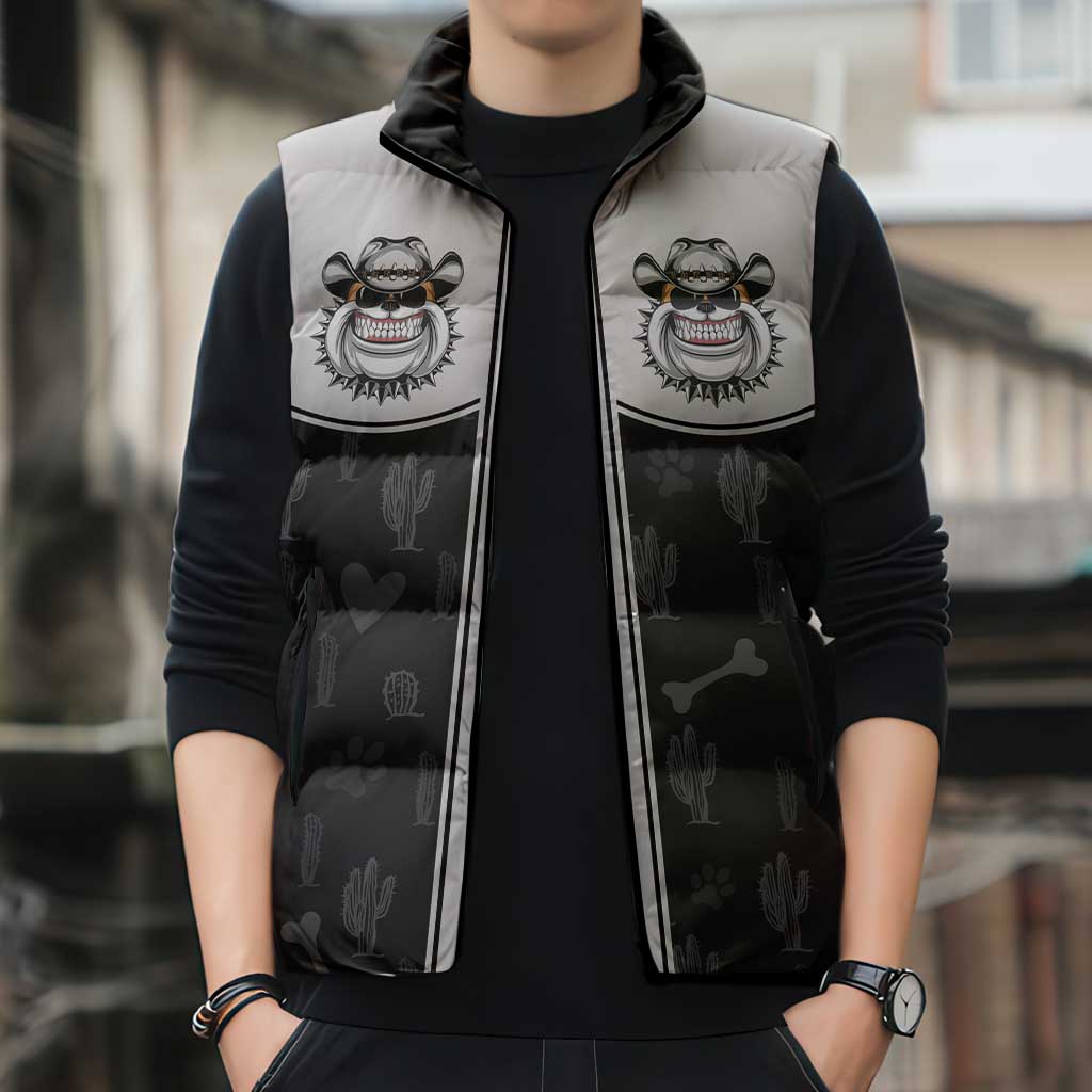 Cowdog Sleeveless Puffer Jacket Cowboy Bulldog Retro Western Yoke - Wonder Print Shop