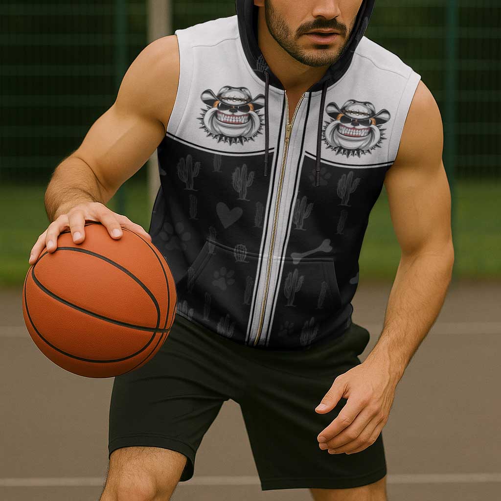 Cowdog Sleeveless Zip Hoodie Cowboy Bulldog Retro Western Yoke - Wonder Print Shop