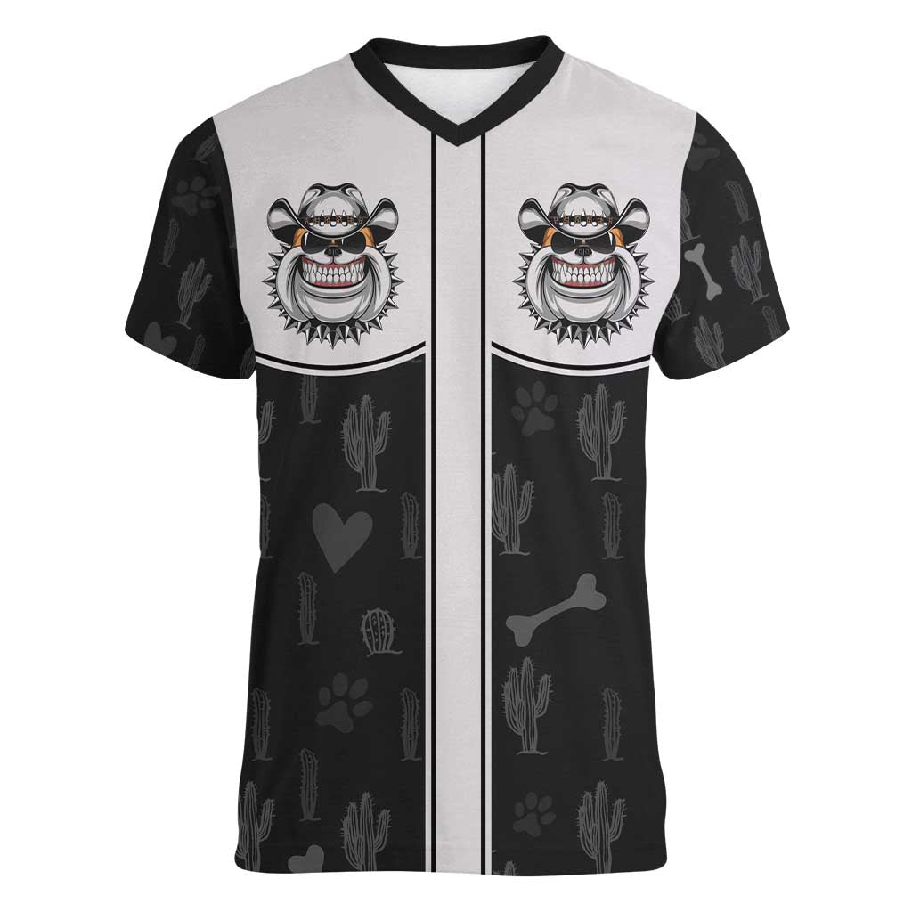 Cowdog Women V-Neck T-Shirt Cowboy Bulldog Retro Western Yoke - Wonder Print Shop