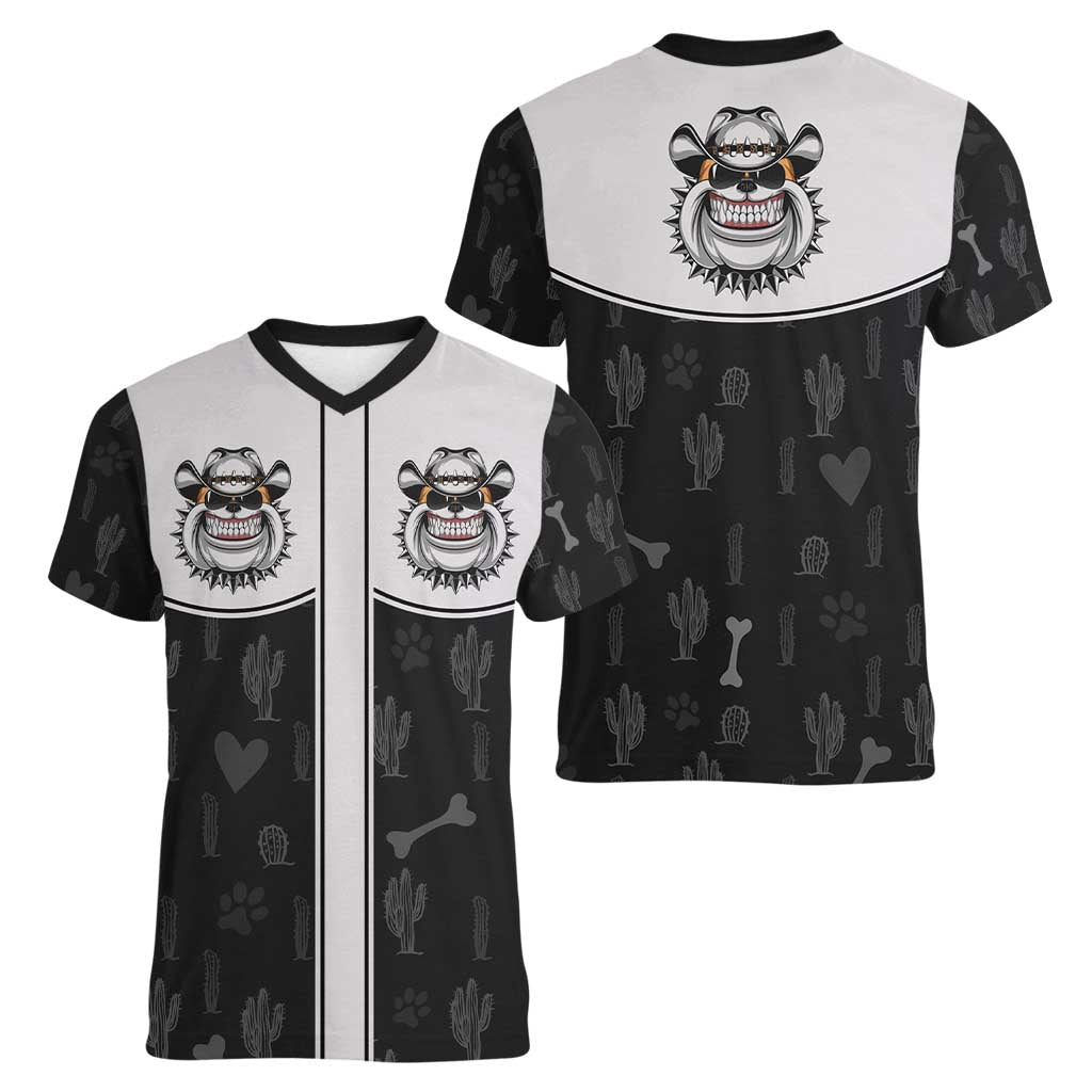 Cowdog Women V-Neck T-Shirt Cowboy Bulldog Retro Western Yoke - Wonder Print Shop