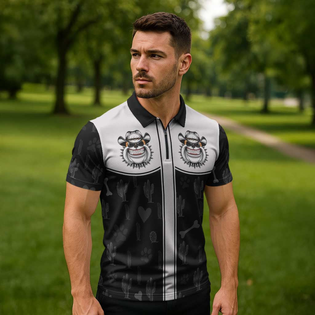 Cowdog Zipper Polo Shirt Cowboy Bulldog Retro Western Yoke - Wonder Print Shop