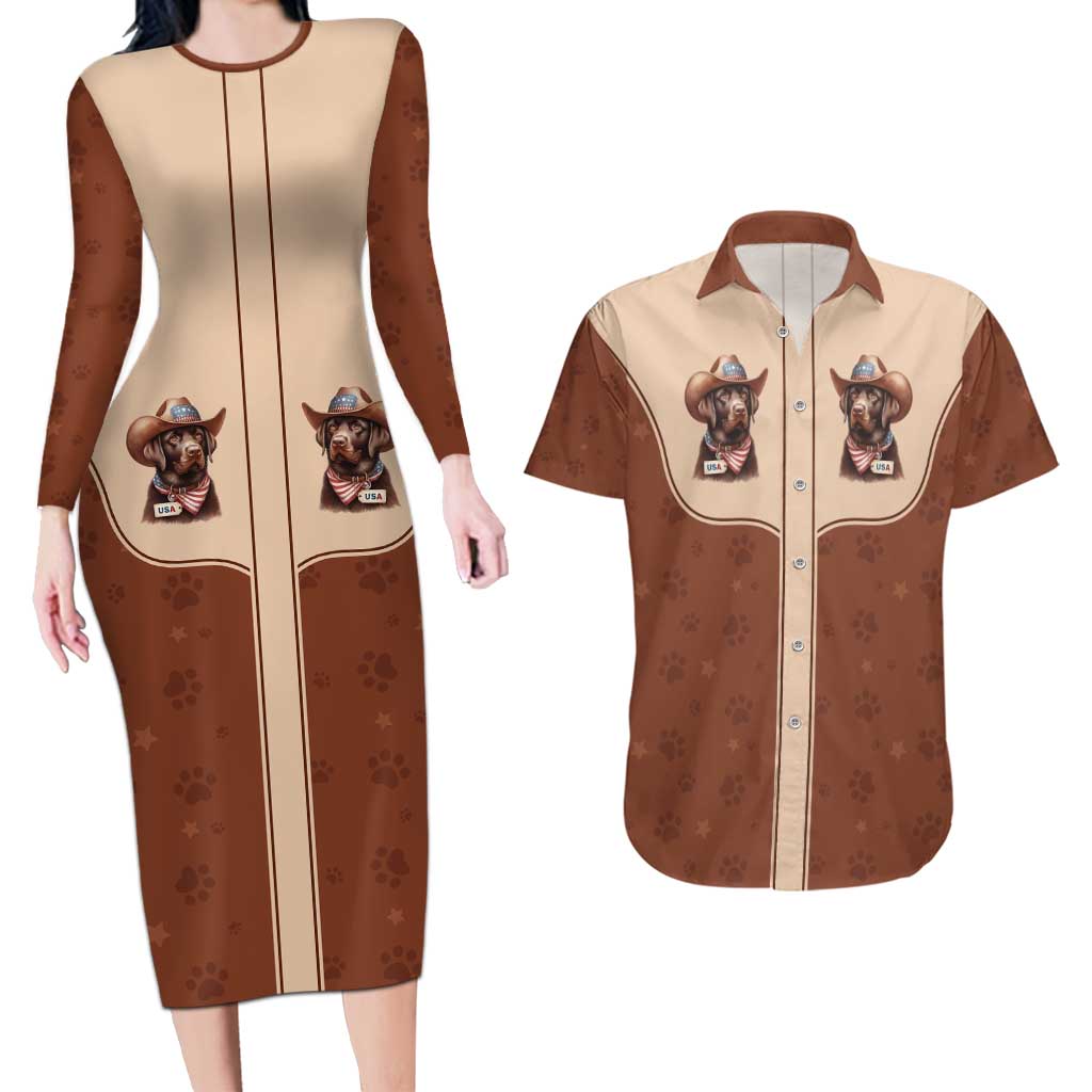 Cowdog Couples Matching Long Sleeve Bodycon Dress and Hawaiian Shirt Cowboy Patriotic Labrador Western Yoke - Wonder Print Shop