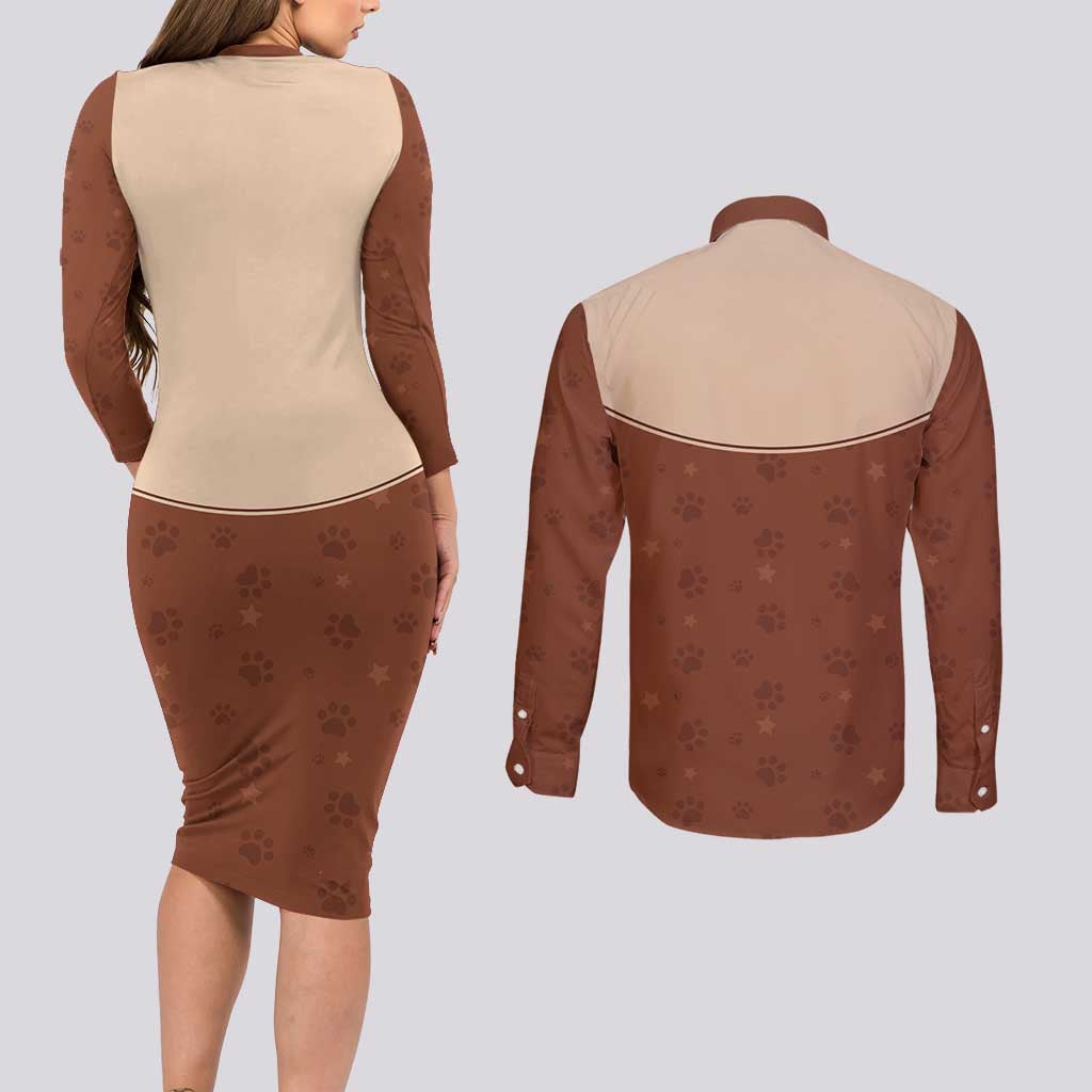 Cowdog Couples Matching Long Sleeve Bodycon Dress and Long Sleeve Button Shirt Cowboy Patriotic Labrador Western Yoke - Wonder Print Shop