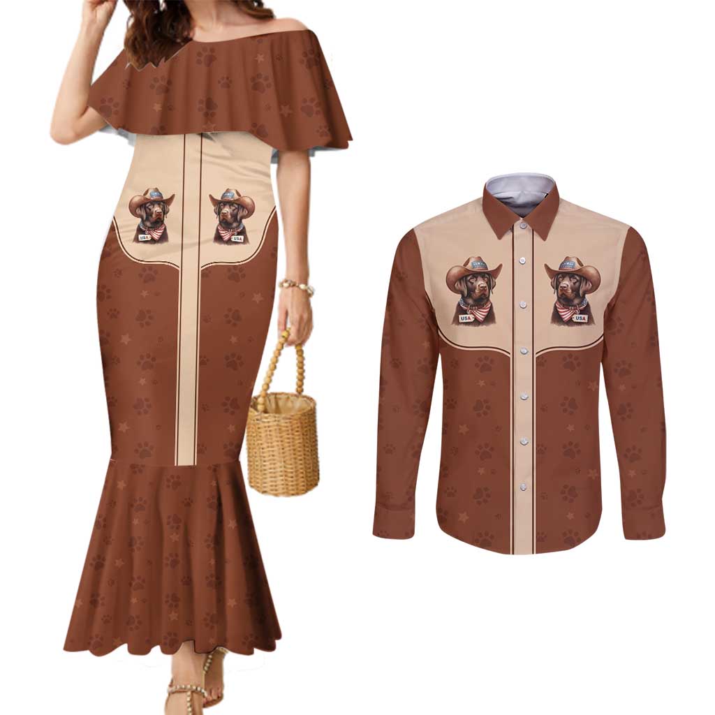 Cowdog Couples Matching Mermaid Dress and Long Sleeve Button Shirt Cowboy Patriotic Labrador Western Yoke - Wonder Print Shop