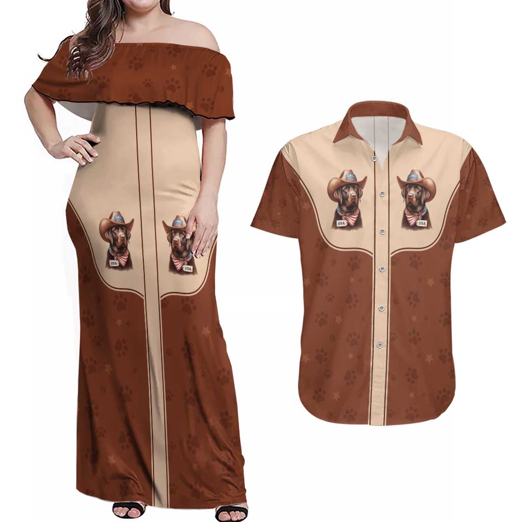 Cowdog Couples Matching Off Shoulder Maxi Dress and Hawaiian Shirt Cowboy Patriotic Labrador Western Yoke - Wonder Print Shop