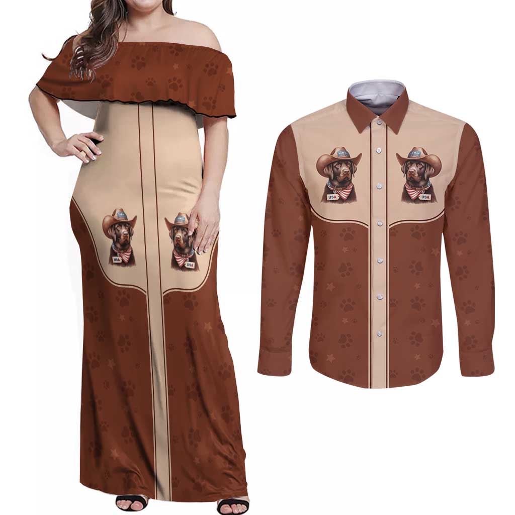 Cowdog Couples Matching Off Shoulder Maxi Dress and Long Sleeve Button Shirt Cowboy Patriotic Labrador Western Yoke - Wonder Print Shop