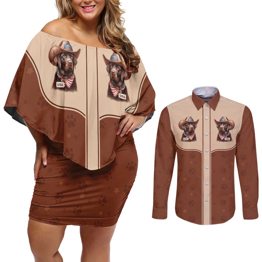 Cowdog Couples Matching Off Shoulder Short Dress and Long Sleeve Button Shirt Cowboy Patriotic Labrador Western Yoke - Wonder Print Shop