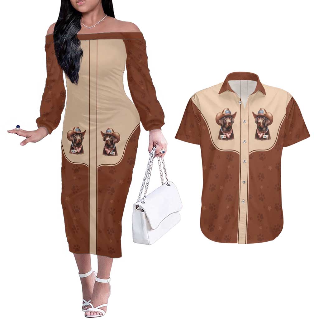 Cowdog Couples Matching Off The Shoulder Long Sleeve Dress and Hawaiian Shirt Cowboy Patriotic Labrador Western Yoke - Wonder Print Shop