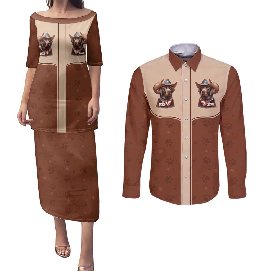Cowdog Couples Matching Puletasi and Long Sleeve Button Shirt Cowboy Patriotic Labrador Western Yoke - Wonder Print Shop
