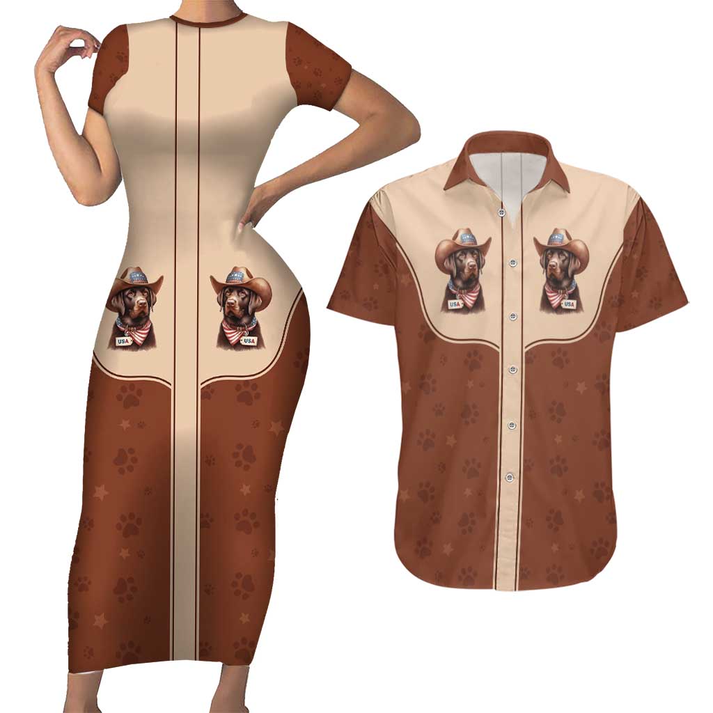 Cowdog Couples Matching Short Sleeve Bodycon Dress and Hawaiian Shirt Cowboy Patriotic Labrador Western Yoke - Wonder Print Shop