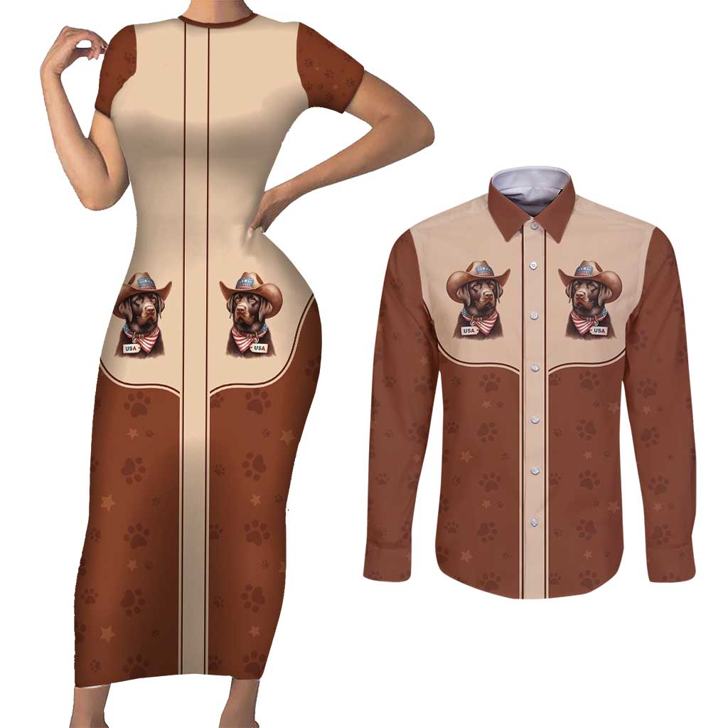 Cowdog Couples Matching Short Sleeve Bodycon Dress and Long Sleeve Button Shirt Cowboy Patriotic Labrador Western Yoke - Wonder Print Shop