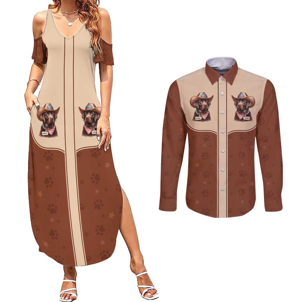 Cowdog Couples Matching Summer Maxi Dress and Long Sleeve Button Shirt Cowboy Patriotic Labrador Western Yoke - Wonder Print Shop