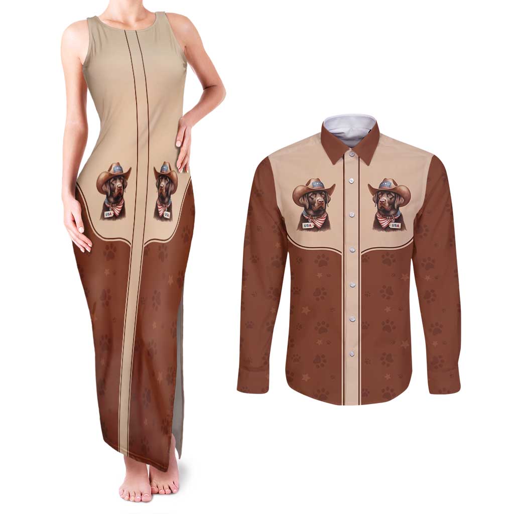 Cowdog Couples Matching Tank Maxi Dress and Long Sleeve Button Shirt Cowboy Patriotic Labrador Western Yoke - Wonder Print Shop