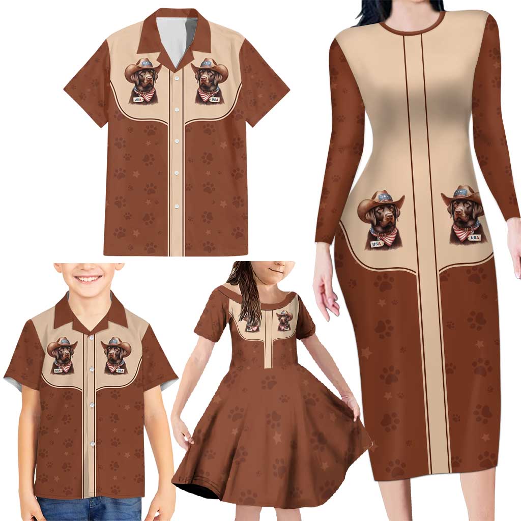 Cowdog Family Matching Long Sleeve Bodycon Dress and Hawaiian Shirt Cowboy Patriotic Labrador Western Yoke - Wonder Print Shop