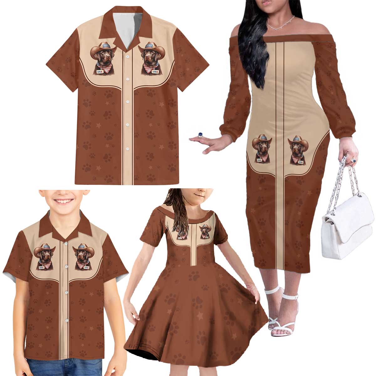 Cowdog Family Matching Off The Shoulder Long Sleeve Dress and Hawaiian Shirt Cowboy Patriotic Labrador Western Yoke - Wonder Print Shop