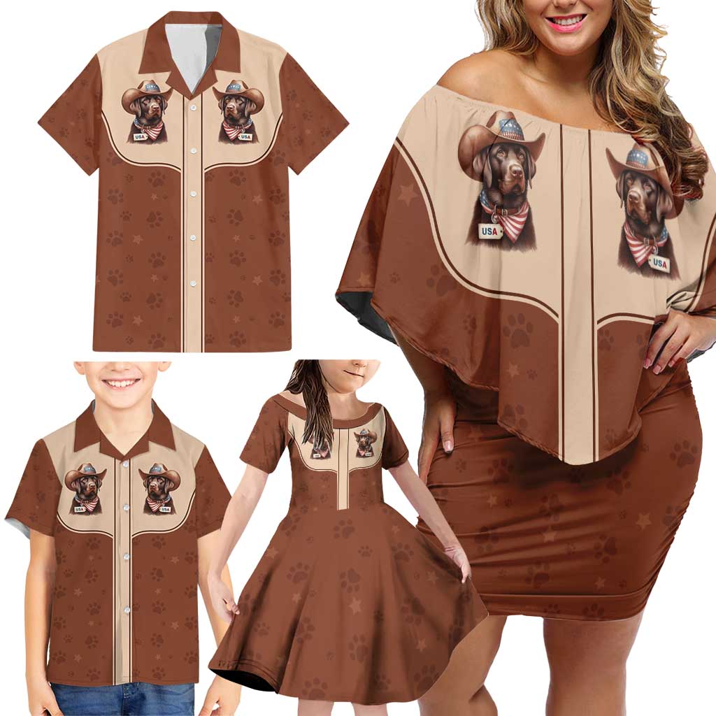 Cowdog Family Matching Off Shoulder Short Dress and Hawaiian Shirt Cowboy Patriotic Labrador Western Yoke - Wonder Print Shop