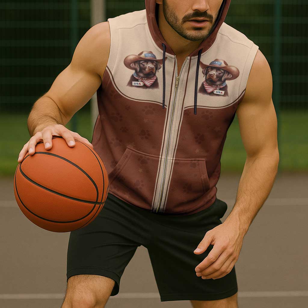 Cowdog Sleeveless Zip Hoodie Cowboy Patriotic Labrador Western Yoke - Wonder Print Shop