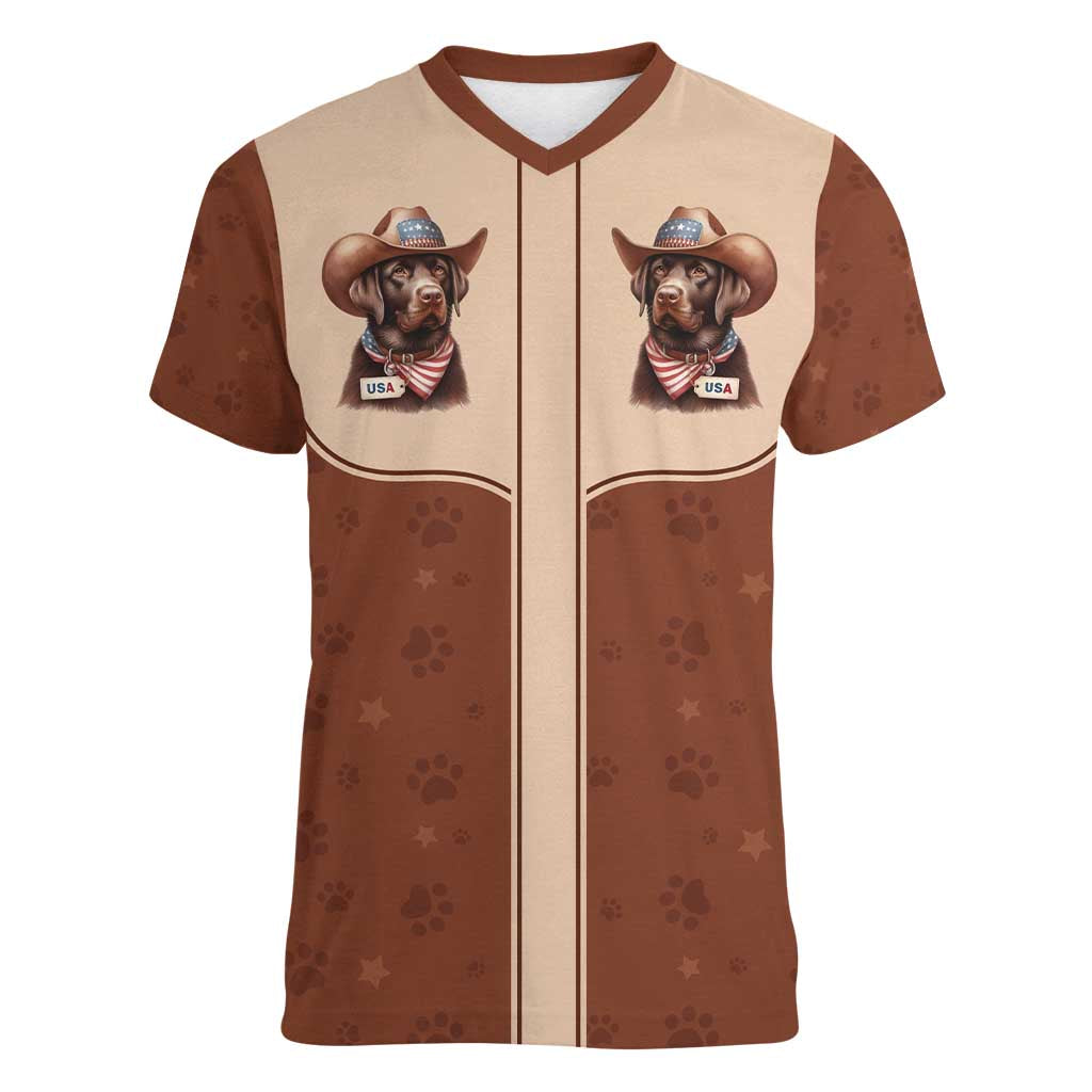 Cowdog Women V-Neck T-Shirt Cowboy Patriotic Labrador Western Yoke - Wonder Print Shop