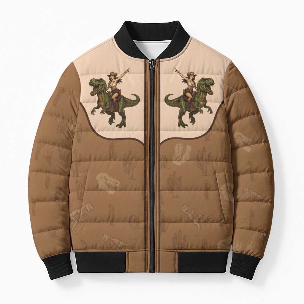Cowgirl Dinosaur Bomber Puffer Jacket Retro Western Yoke - Wonder Print Shop