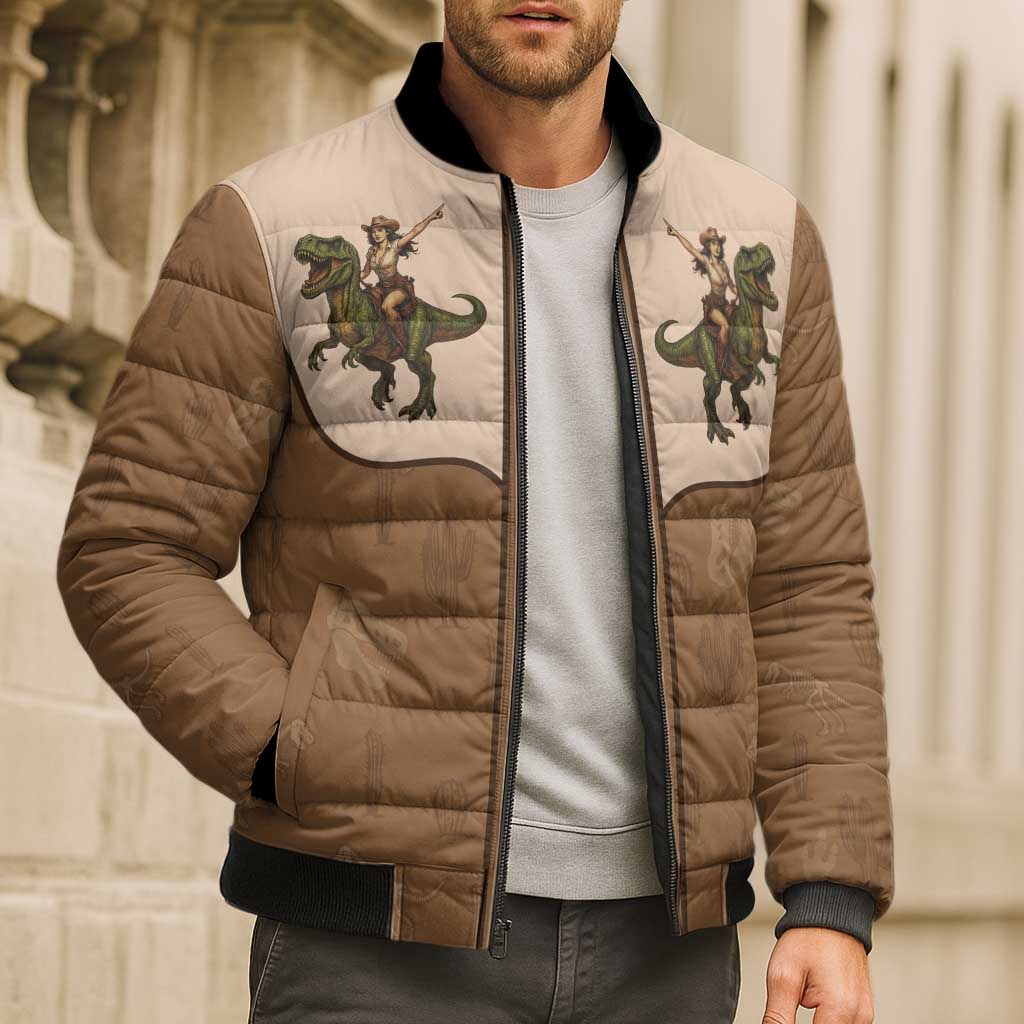 Cowgirl Dinosaur Bomber Puffer Jacket Retro Western Yoke - Wonder Print Shop