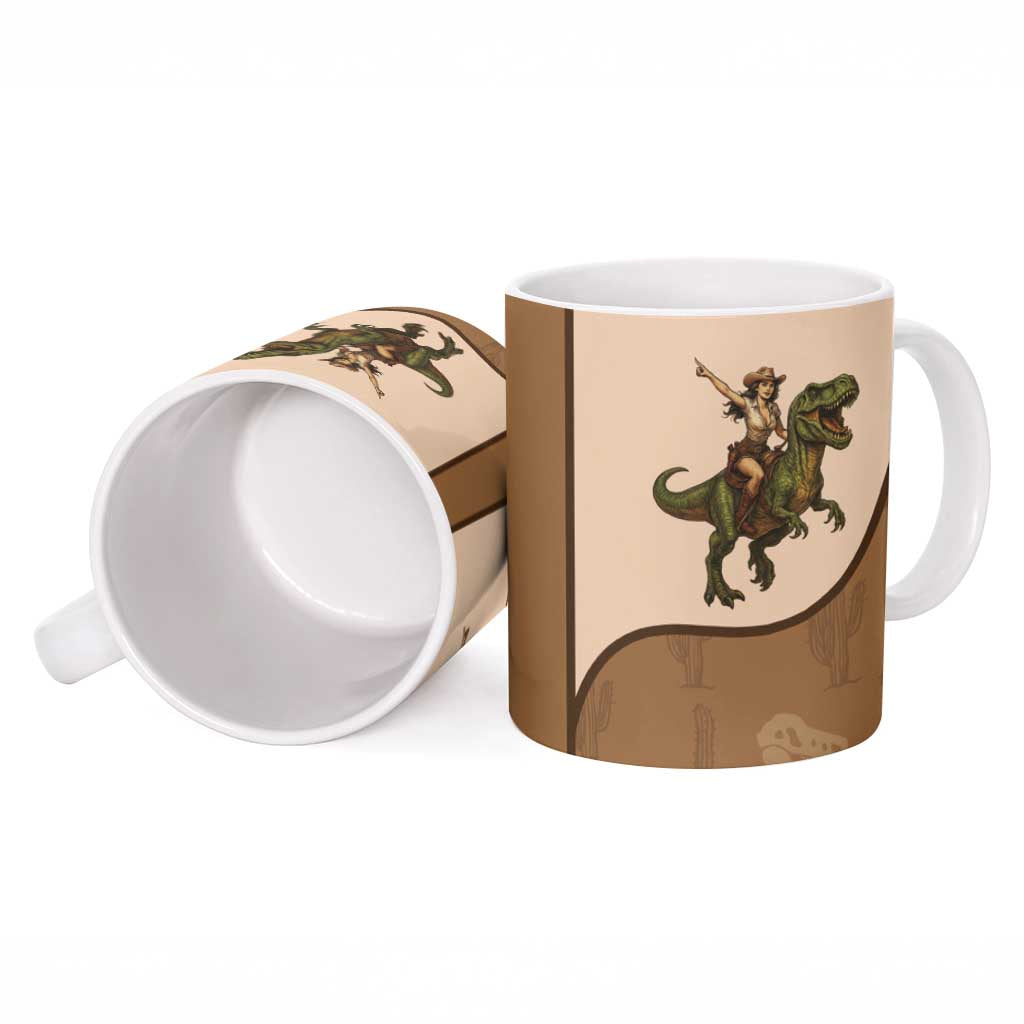 Cowgirl Dinosaur Ceramic Mug Retro Western Yoke - Wonder Print Shop
