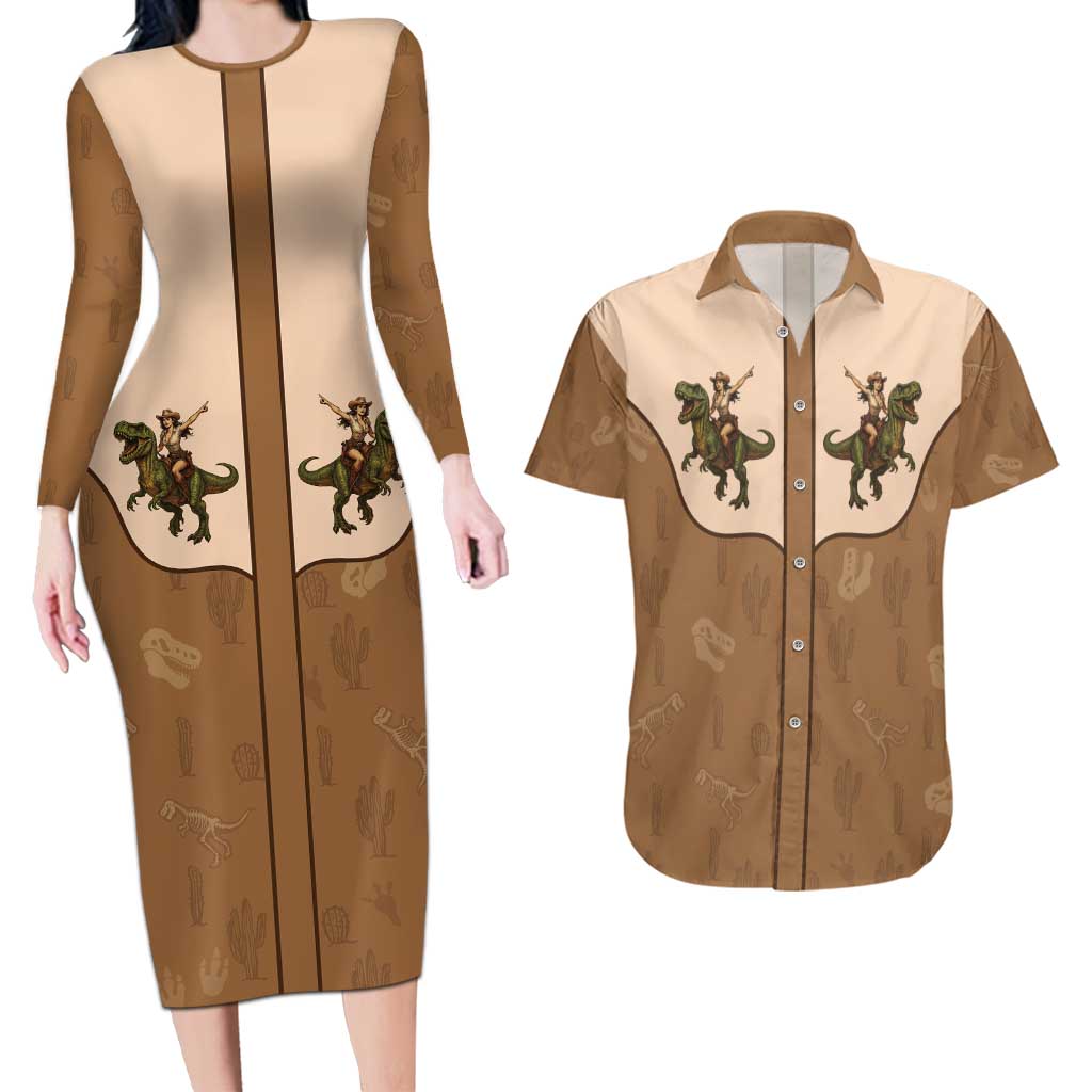 Cowgirl Dinosaur Couples Matching Long Sleeve Bodycon Dress and Hawaiian Shirt Retro Western Yoke - Wonder Print Shop