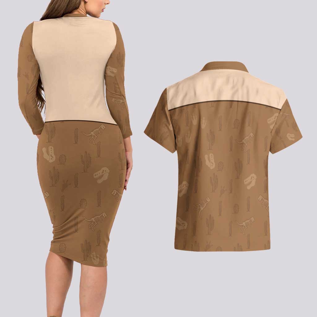 Cowgirl Dinosaur Couples Matching Long Sleeve Bodycon Dress and Hawaiian Shirt Retro Western Yoke - Wonder Print Shop