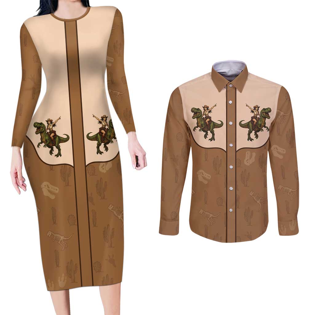 Cowgirl Dinosaur Couples Matching Long Sleeve Bodycon Dress and Long Sleeve Button Shirt Retro Western Yoke - Wonder Print Shop